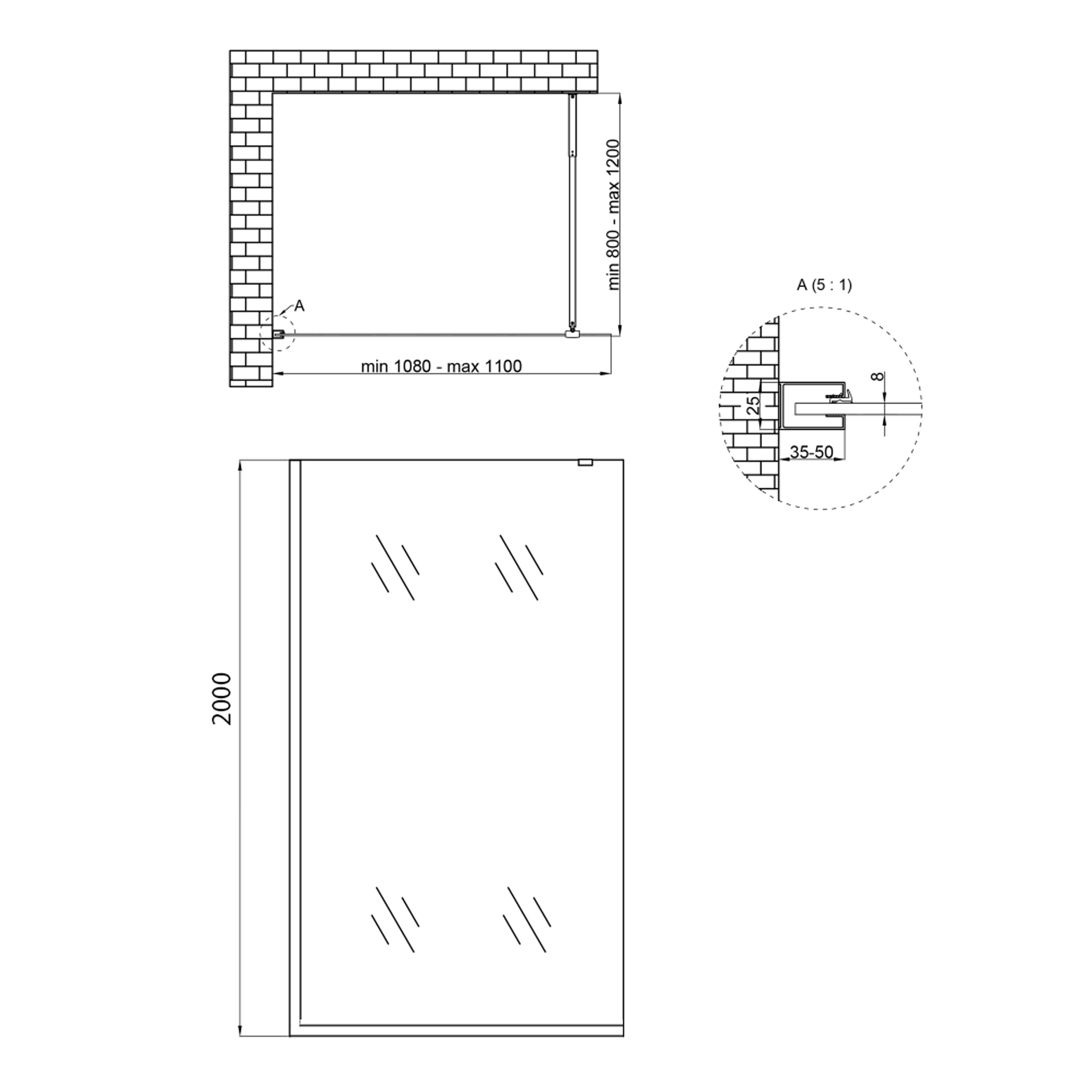 Душова перегородка Qtap Walk-In Standard BLM2011.C8 100х200 см, скло Clear 8 мм, покриття CalcLess