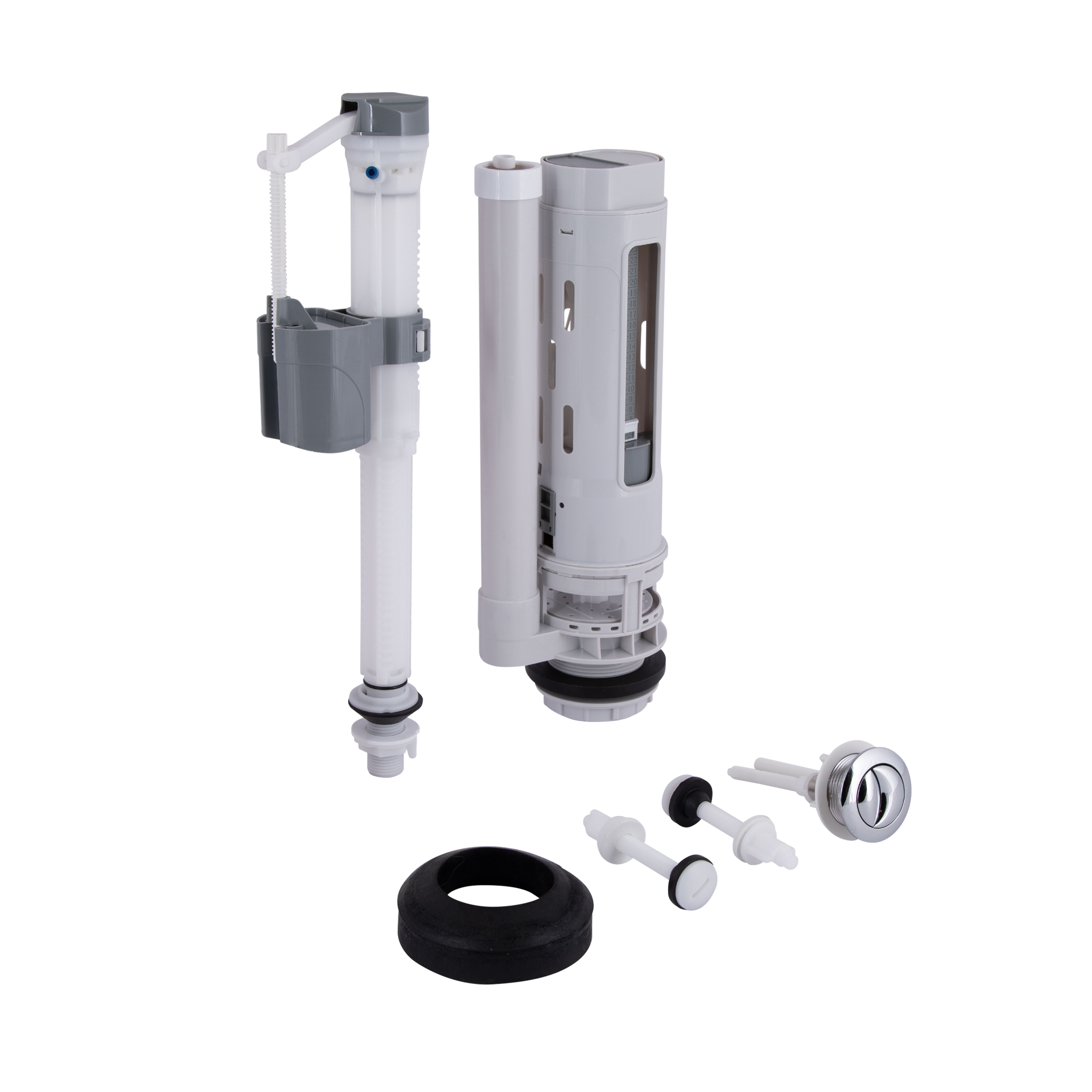 Qtap HY2 (Kalao)  комплект арматури для бачка унітазу з подвійною круглою кнопкою змиву 4,8 см та клапаном нижньої подачі води, 3/6L CHR