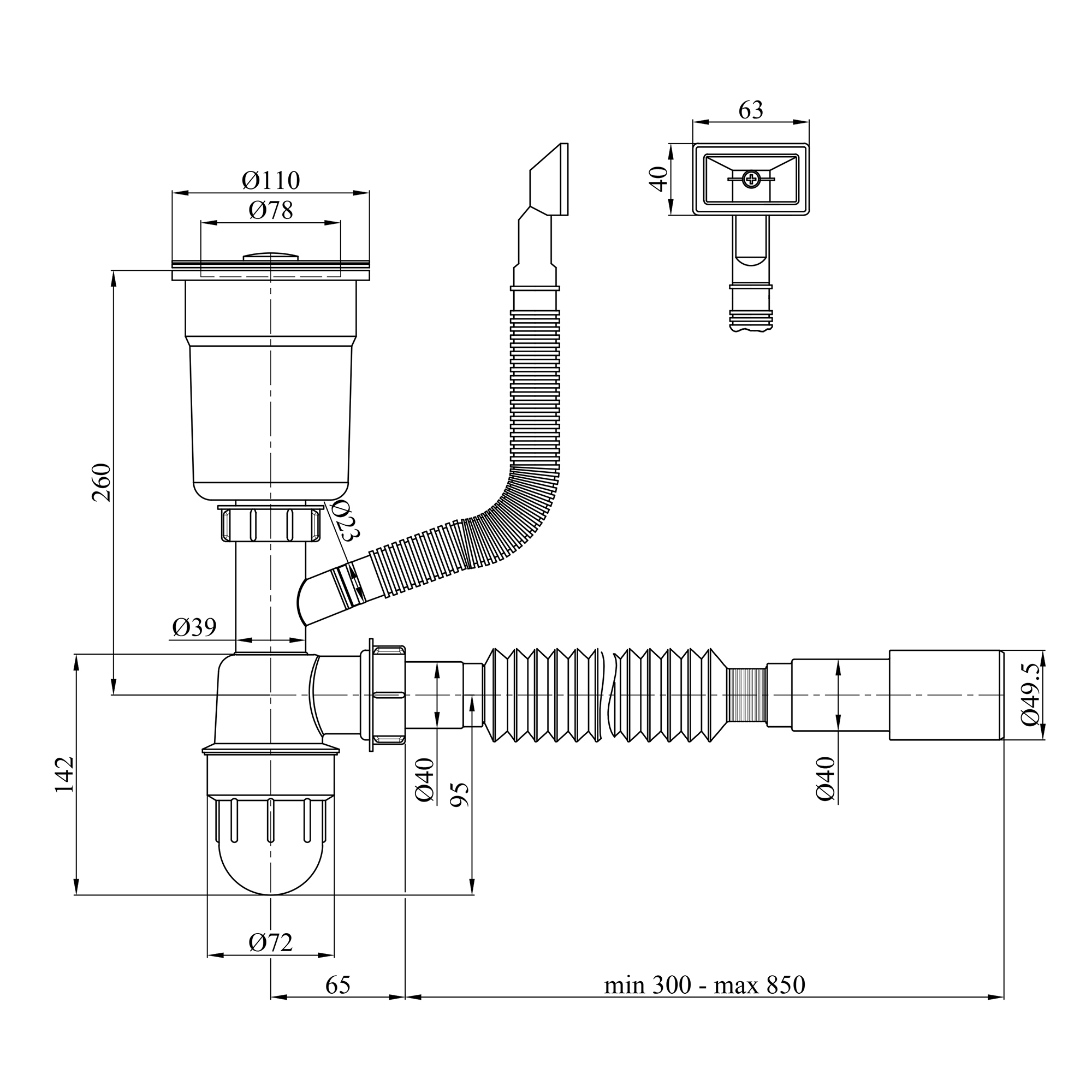 Сифон LK15 для кухонної мийки Bruch PVD, випуск 115 мм колбовий з квадратним переливом Black (вихід гофри 40/50мм) Lidz