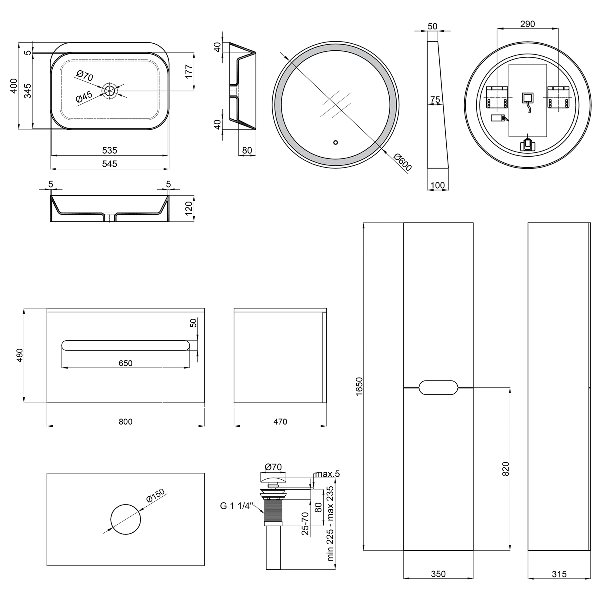 Комплект меблів для ванної Qtap тумба + раковина + дзеркало + пенал QT044VI43004
