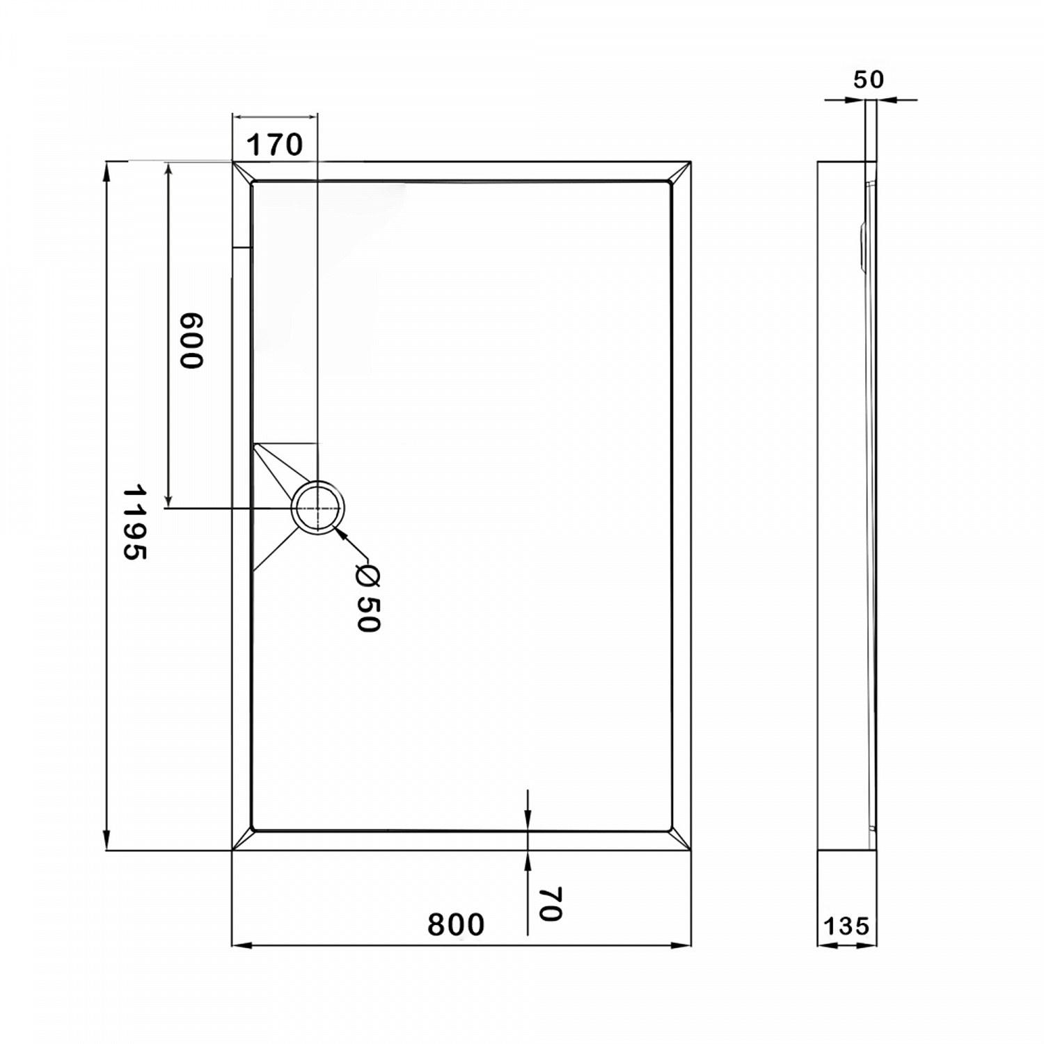 Душовий піддон KAPIELKA ST120x80х14 низький, прямокутний, діаметр зливу 52 мм Lidz