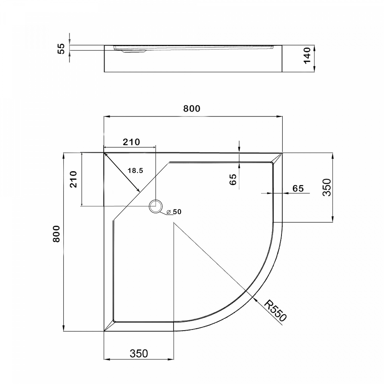 Lidz Душовий піддон KAPIELKA ST80x80x14 низький, напівкруглий, діаметр зливу 52 мм