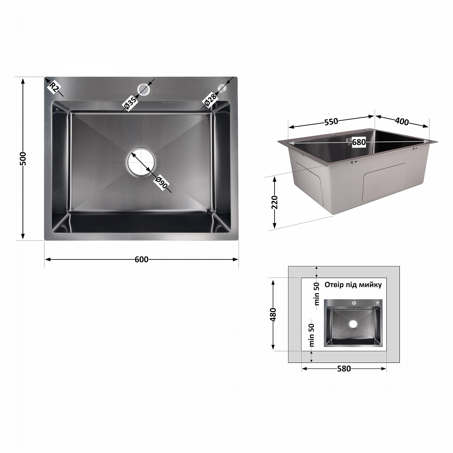 Мийка для кухні інтегрована Lidz Handmade H6050B (LDH6050BPVD43621) Brushed Black PVD 3,0/1,0 мм