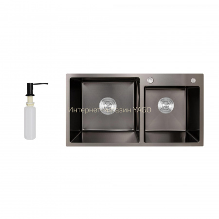 Мийка для кухні з двома чашами інтегрована Lidz Handmade H7843 (LDH7843BPVD45586) Brushed Black PVD 3,0/1,0 мм