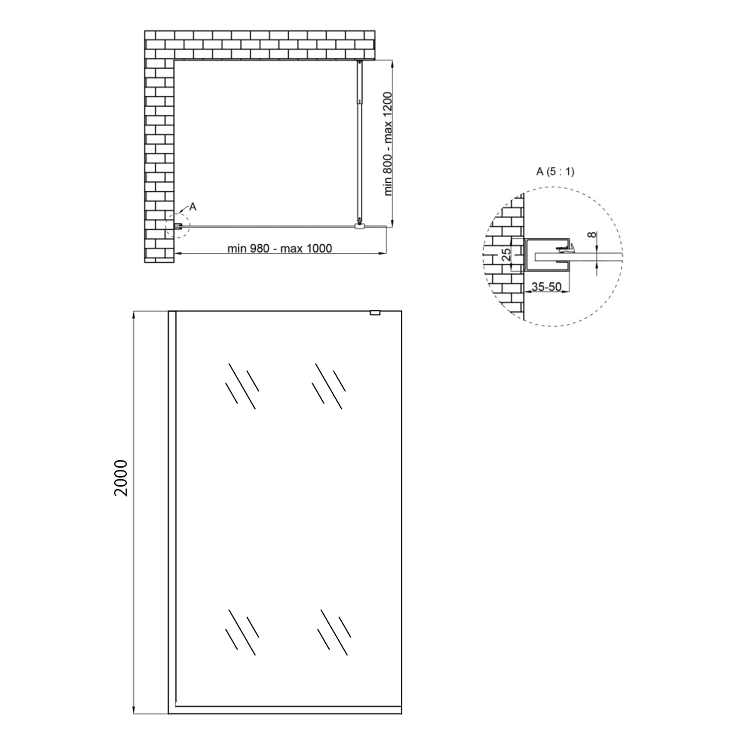 Душова перегородка Qtap Walk-In Standard CRM201.C8 100х200 см, скло Clear 8 мм, покриття CalcLess
