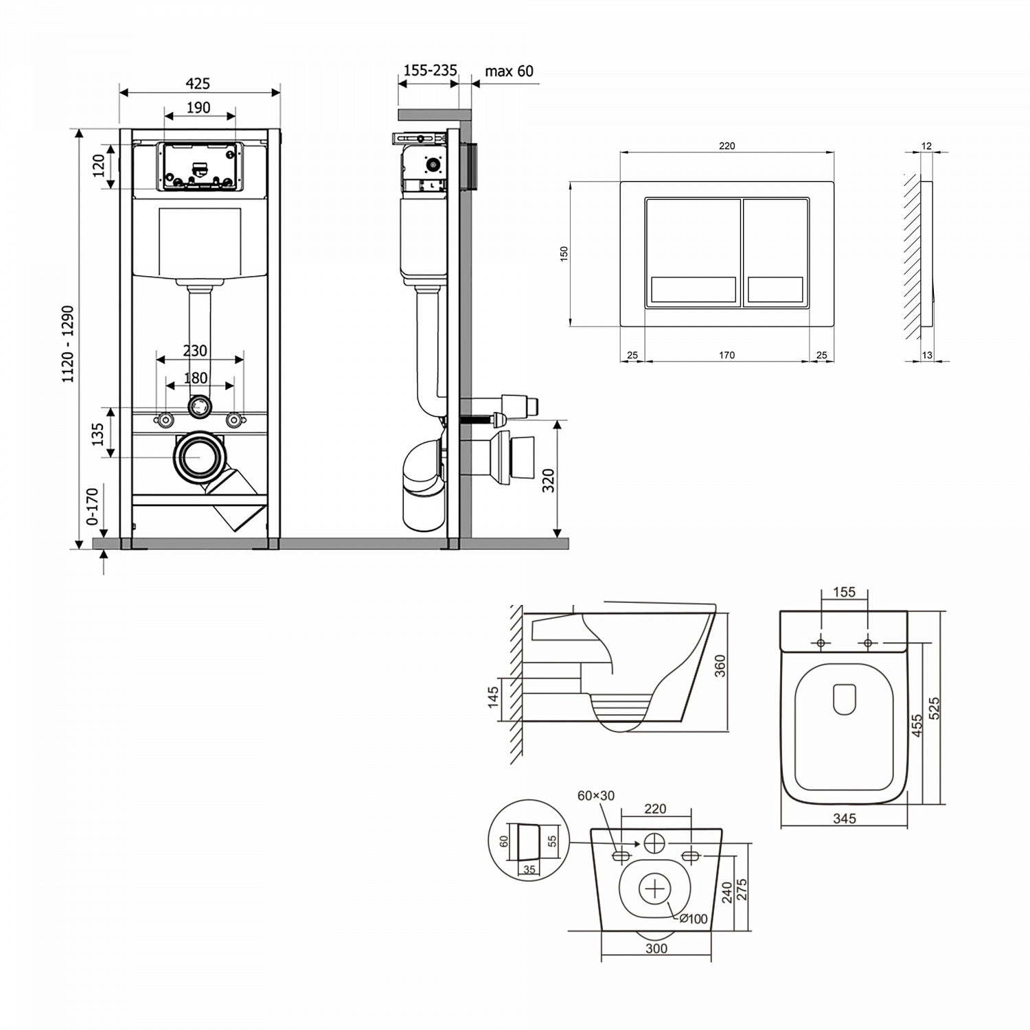 Готове рішення Qtap для ванної кімнати: підвісний унітаз Tern + комплект інсталяції Nest 4 в 1 (квадратна клавіша Satin)