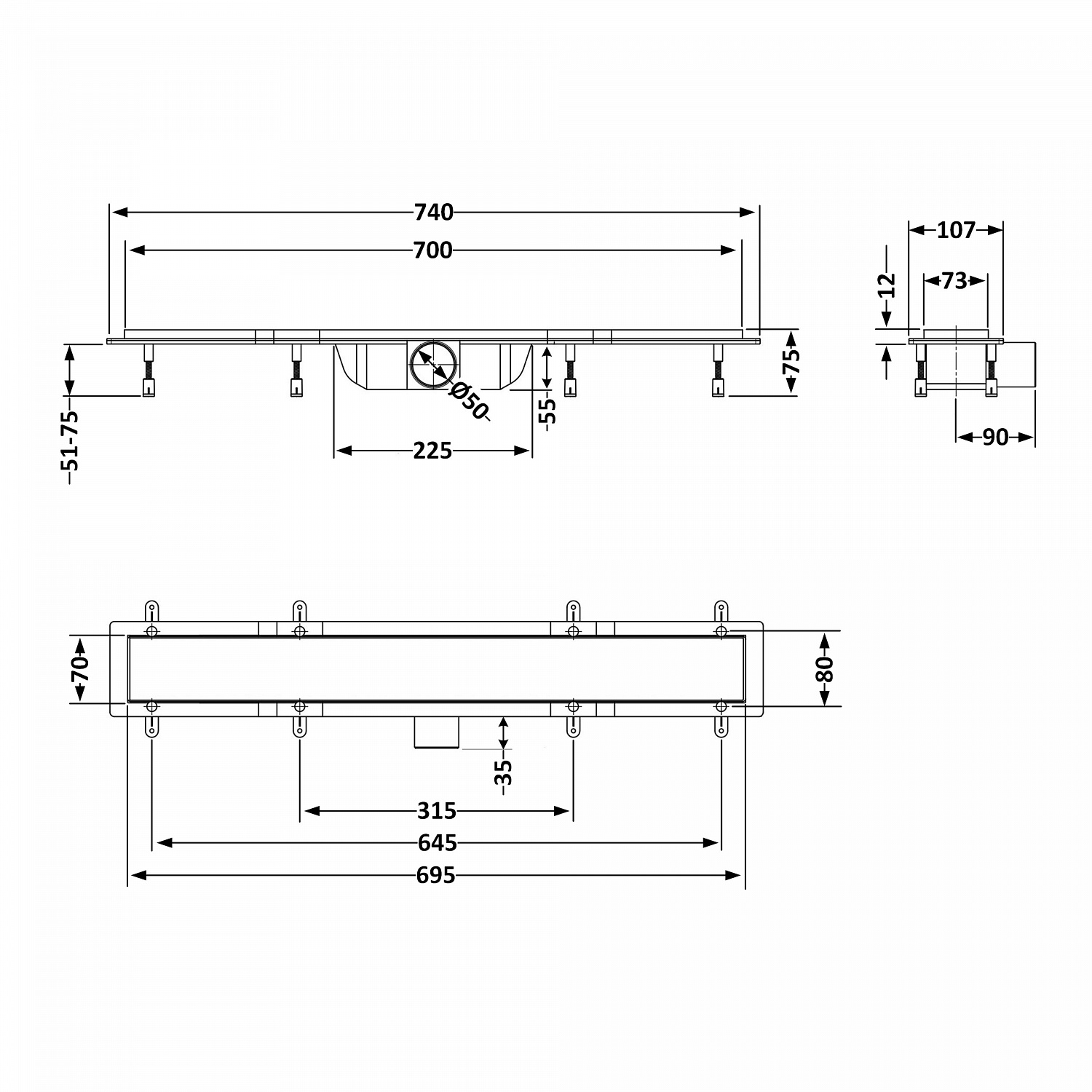 Трап Qtap Dry FA304-700MBLA лінійний з сухим закривом та нержавіючою решіткою 700х73