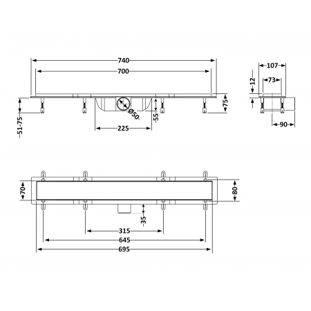 Трап Qtap Dry FA304-700MBLA лінійний з сухим закривом та нержавіючою решіткою 700х73