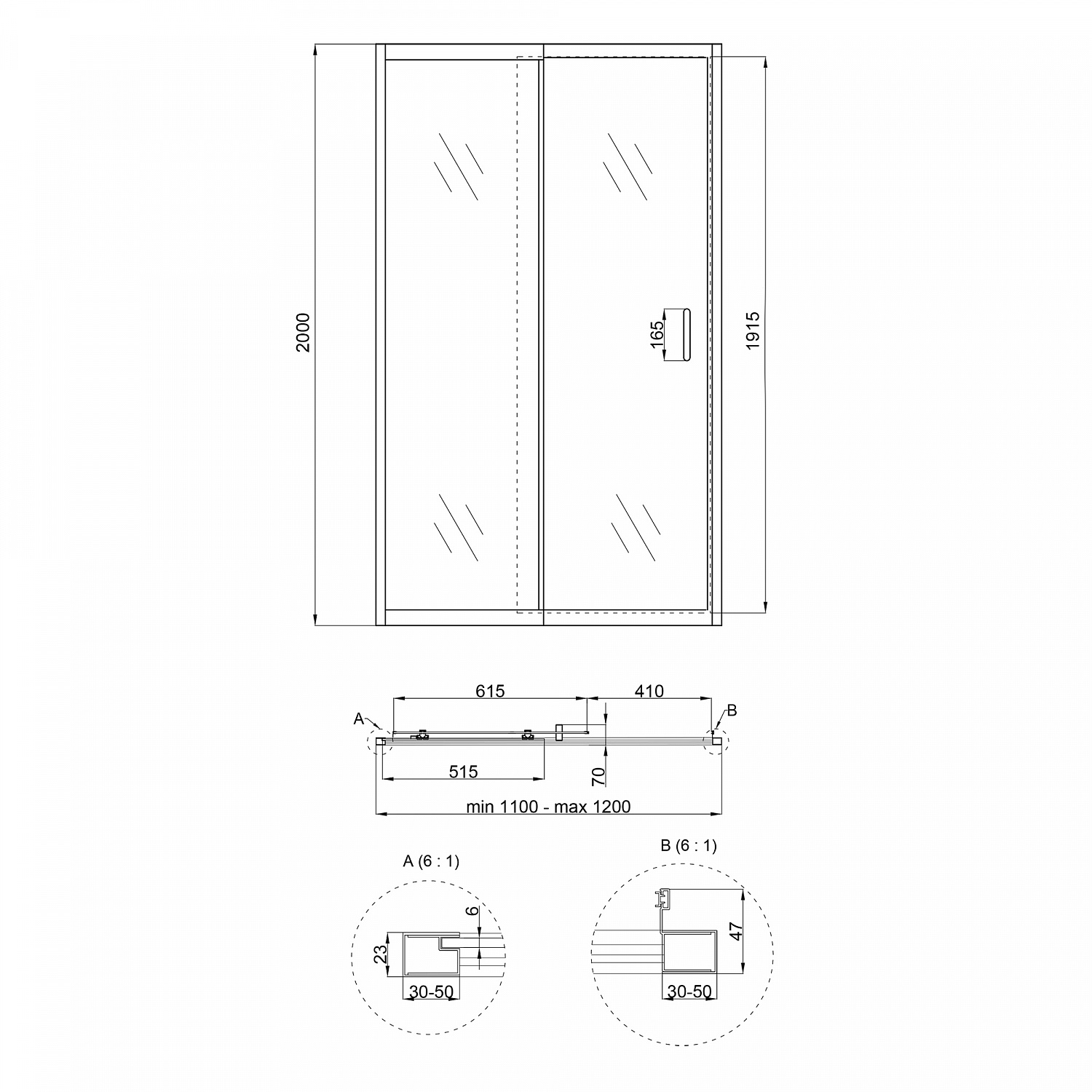 Душові двері в нішу Qtap Taurus CRM201-11.C6 110-120x200 см, скло Clear 6 мм, покриття CalcLess