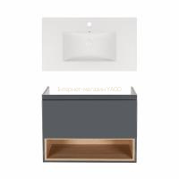 Комплект Qtap тумба підвісна Robin 800х580х437 мм Graphite/Whitish oak + раковина урізна Albatross New QT71RO44055