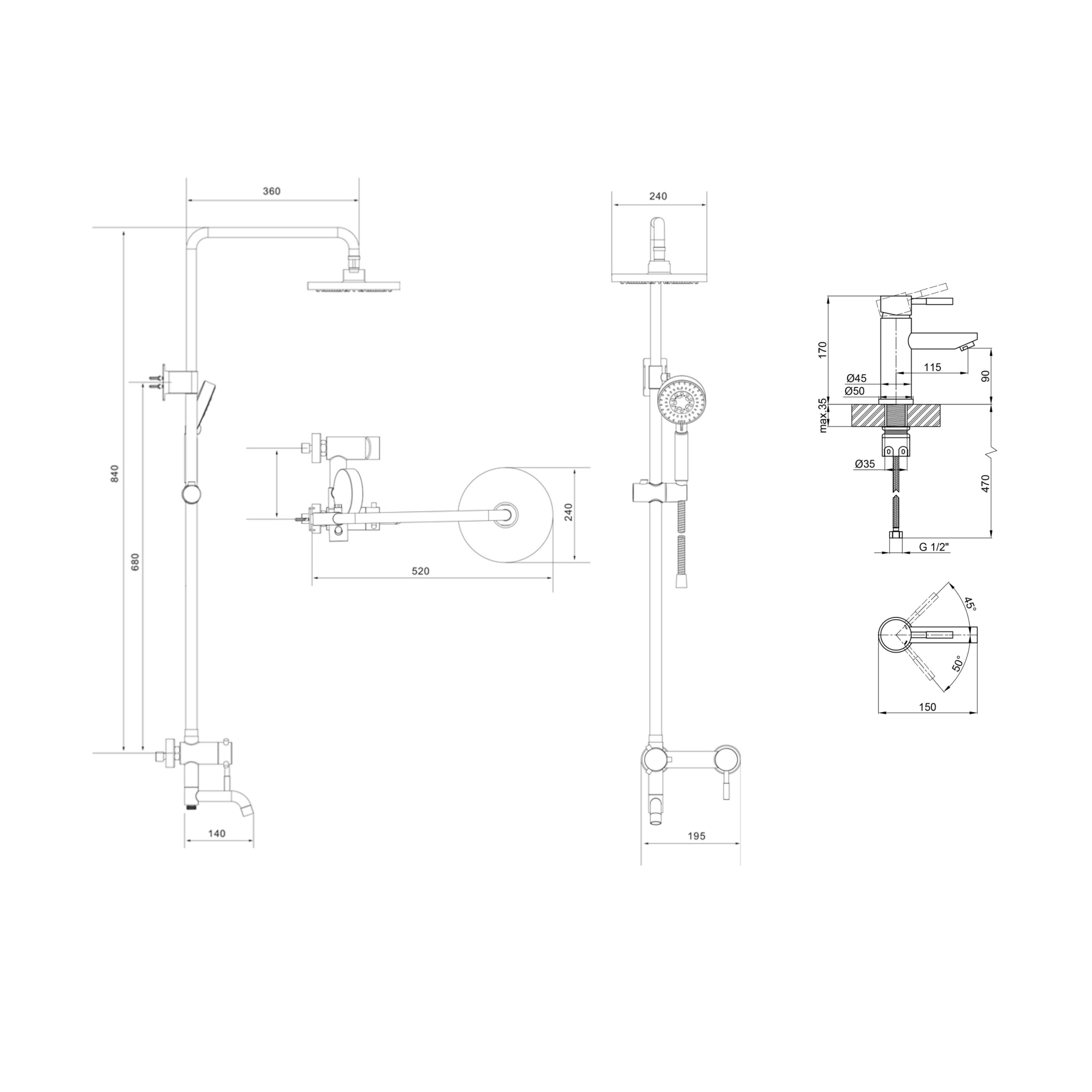 Комплект змішувачів Lidz Aria Black: Душова система LDARI1030BLA43373 + Змішувач для раковини LDARI001FBLA43367