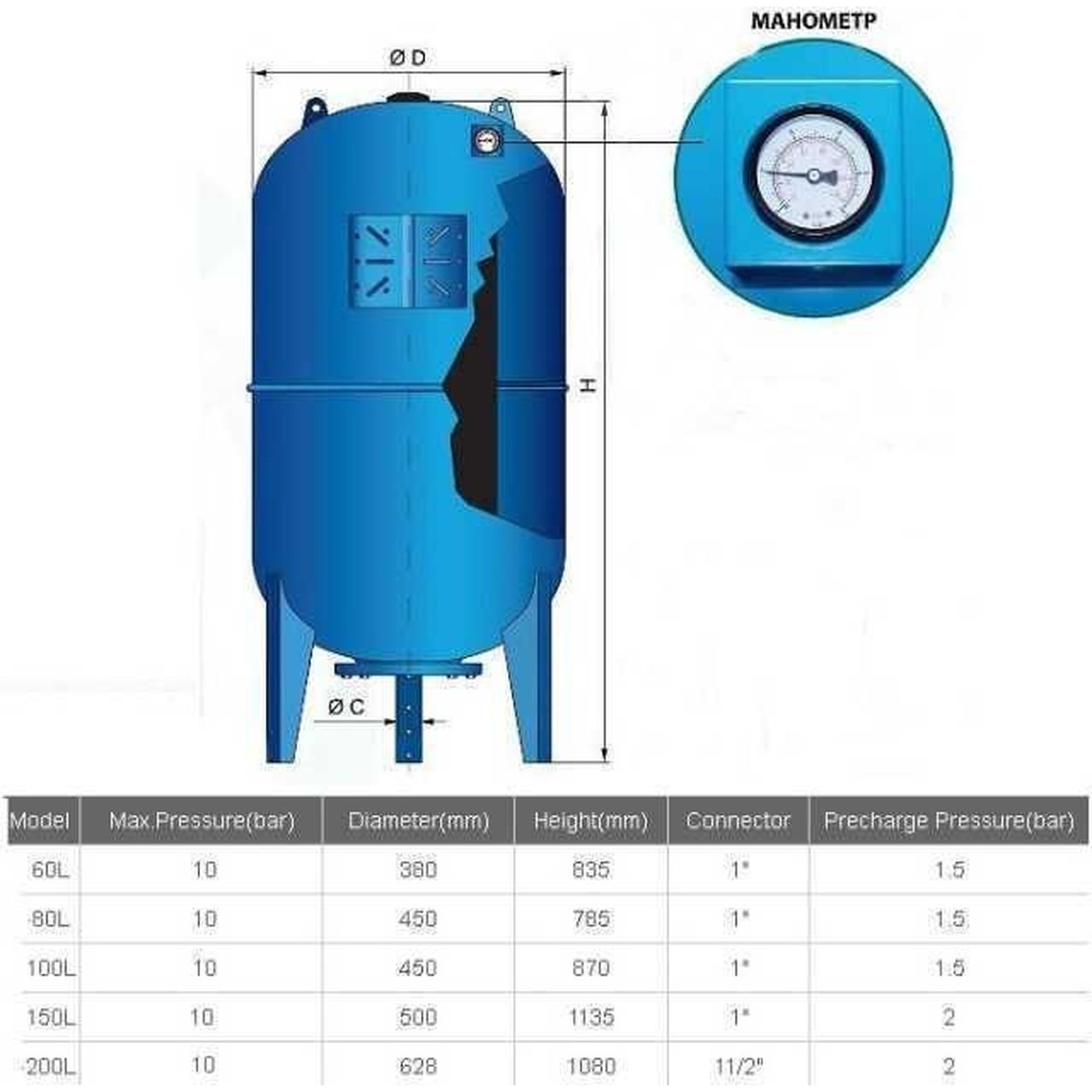 Гідроакумулятор100л VOLKS pumpe 10bar вертик.(з манометром) в інтернет-магазині Yago
