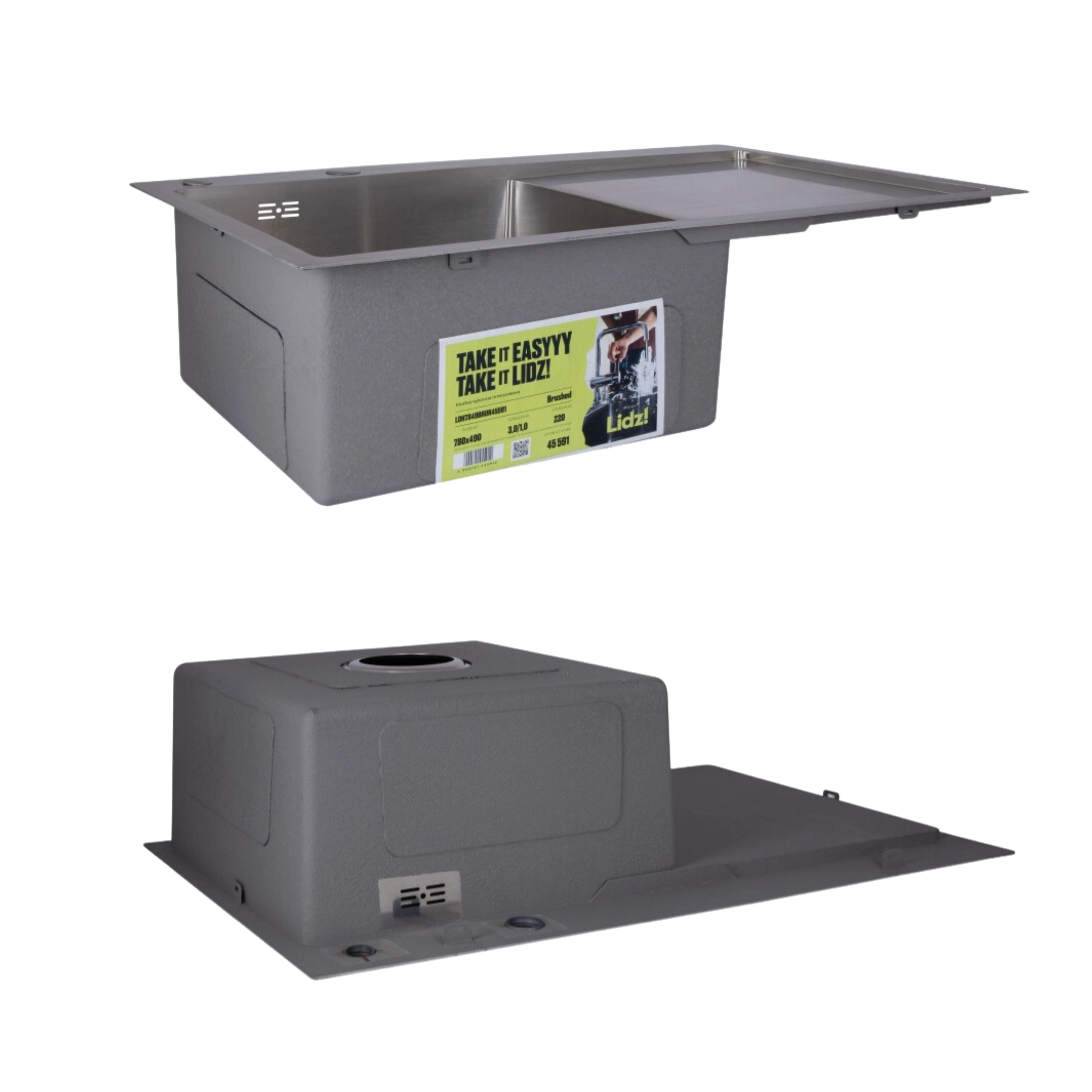 Комплект Lidz Handmade H7849R Мийка для кухні інтегрована крило зправа Brushed у комплекті з дозатором + Lidz K01G Корзина для кухонної мийки