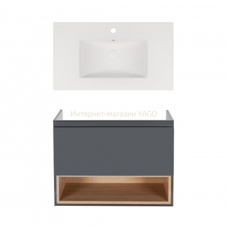 Комплект Qtap тумба підвісна Robin 800х580х437 мм Graphite/Whitish oak + раковина урізна Albatross New QT71RO44055