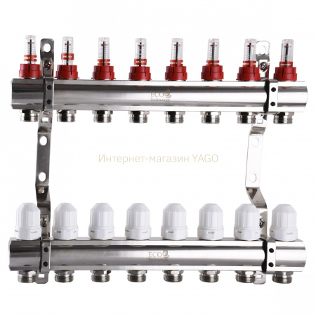 Колектор з вимірювачем витрат, регуляторами та кріпленням ECO 001D 1″x8