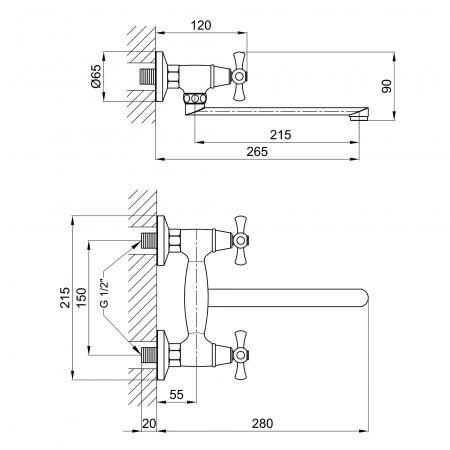 Змішувач для кухні Lidz Lamb 361 настінний з поворотним виливом двохвентильний LDLAM361CRM22309 Chrome