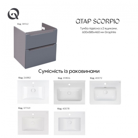 Тумба підвісна Qtap Scorpio 605х585х460 Graphite QT1474TPВ602G