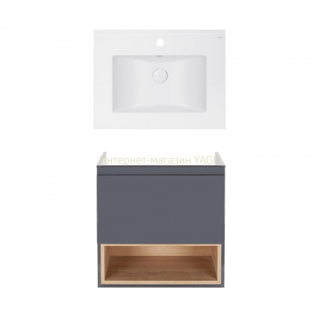 Комплект Qtap тумба підвісна Robin 600х580х437 мм Graphite/Whitish oak + раковина урізна Albatross E QT71RO44044