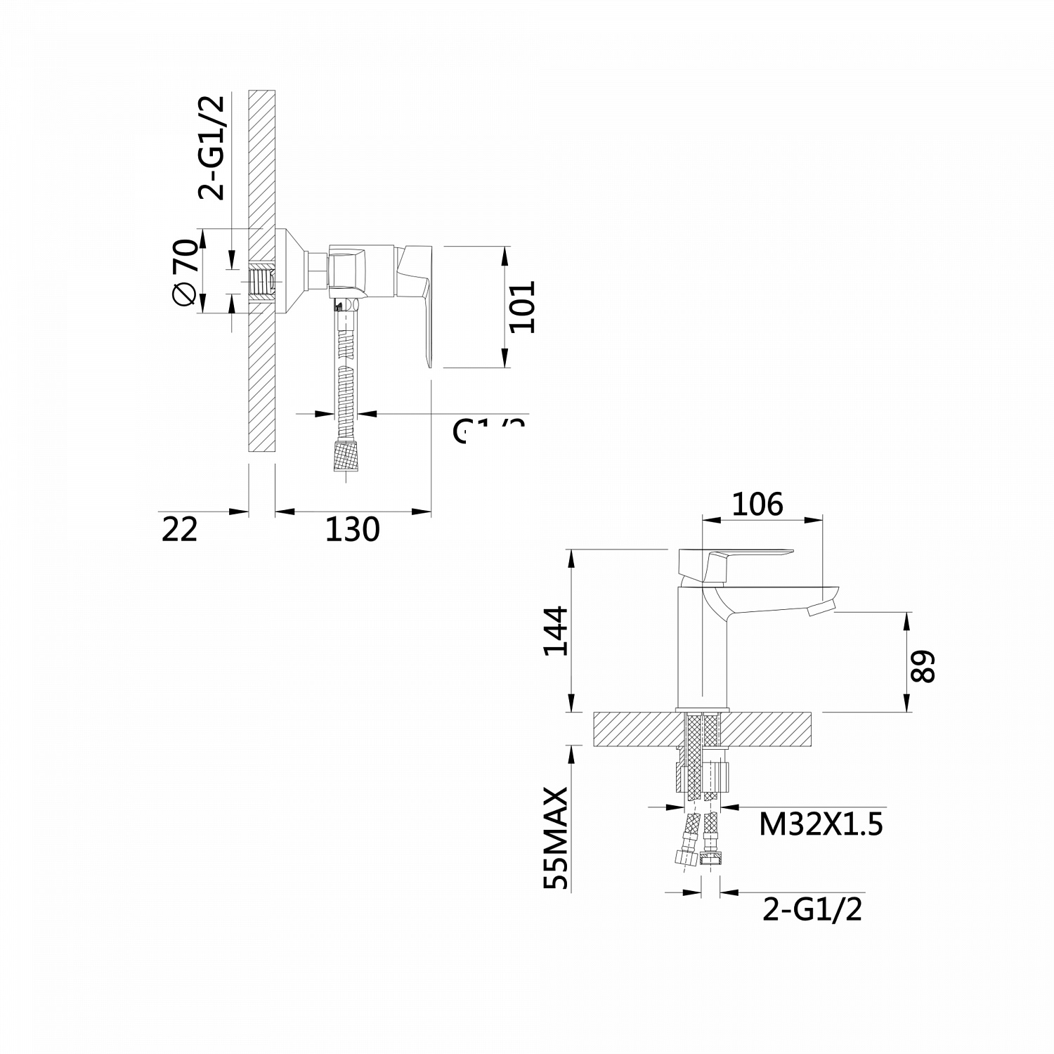 Комплект змішувачів Lidz Latwa Black: Змішувач для раковини LDLAT001BLA45418 + Змішувач для душу LDLAT010BLA45421